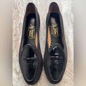 Belgian Shoes Midinette Slippers Black Nubuck / Crocodile Loafers 6 Flats